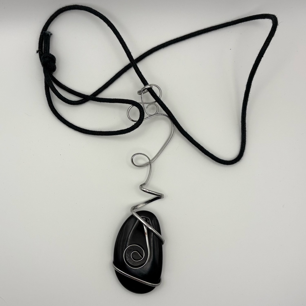 Black Onxy Silver Wire Wrapped Pendant Necklace